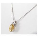 14K White Gold Citrine and Diamond Pendant, Chain