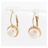 14K Yellow Gold Pearl Wire Drop Earrings