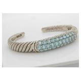 Sterling Ribbed Bangle Cuff Blue Topaz Bracelet