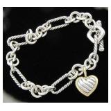David Yurman Sterling, 14K Heart Charm Bracelet