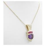 14K YG Amethyst, Ruby, Diamond Pendant, Chain