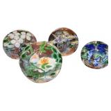 (4) Lundberg Art Glass Floral Paperweights
