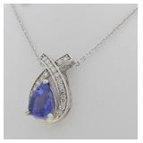14K White Gold Tanzanite, Diamond Pendant, Chain