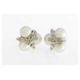 Vintage 14K WG Pearl, Diamond Stud Earrings
