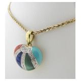 14K YG Diamond and Enameled Heart Pendant, Chain