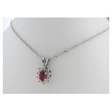 14K White Gold Ruby, Diamond Pendant, Chain