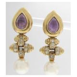 Pr of 14K YG Amethyst, Diamond and Pearl Earrings