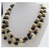 14K YG Bead Necklace, Onyx, Diamonds