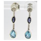 David Yurman Sterling Blue Topaz, Diamond Earrings