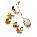 Vintage Cloisonnï¿½ Pendant, Brooch And Earrings