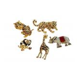 Five Enamel and Rhinestone Jungle Brooches