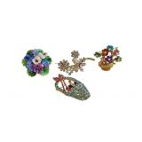 4 Floral Brooches, Gemstone, Rhinestone, China
