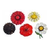 (5) Vintage Enameled, Painted Metal Flower Brooche