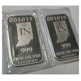 (2) Indiana 1oz .999 Silver Ingots