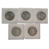 (5) Walking Liberty US Silver Half Dollar Coins