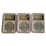 (3) China Panda Coins, ea 1oz .999 Silver, NGC