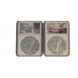 (2) US American Silver Eagle Coins, 2016, Signed