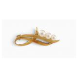 18K Yellow Gold Pearl Leaf Brooch
