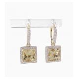 14K Yellow Gold Lemon Quartz, Diamond Earrings