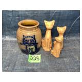 Handmade signed mini crock & cat figures