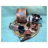 Antique ice skates, serving tray & more