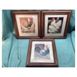 3 Vintage Framed Rooster Prints/Artwork