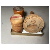 Old wooden butter press & toothpick holders
