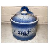 Antique Blue & White Stoneware Salt Crock