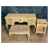French Provincial Vanity Desk, Bench & Nightstand