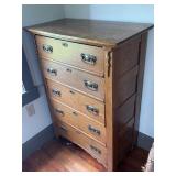 Antique Golden Oak 5 Drawer Tallboy Dresser Chest
