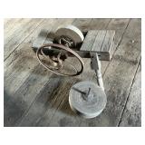 Antique Wooden Flywheel Grinding Bench & Stone