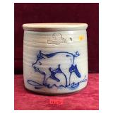 1984 Rowe Pottery Crock, Indigo Blue Pig