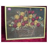 Vintage Framed Floral Burlap Embroidery Art