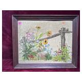 Vintage Framed Rustic Fence Embroidery Art