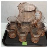 Vintage Pink Ribbed Depression Glass Beverage Set