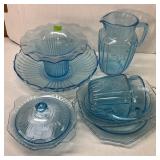 Vintage Blue Depression Glass Serveware Lot
