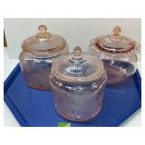 Vintage Pink Depression Glass Lidded Canister Trio