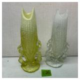 Vintage EAPG Vaseline and Clear Corn Vases