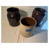 Antique Salt Glazed Stoneware Crock Three Piece
