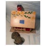 Vintage Wooden Sewing Box and Novelty Pincushions