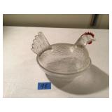 Vintage Clear Glass Hen on Nest with Red Comb