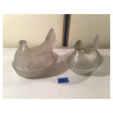 Two Vintage Glass Hen on Nest Covered Dishes