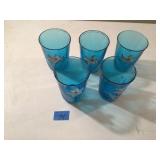 Five Vintage Blue Hand Painted Floral Glasses