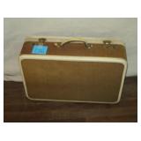 VINTAGE TWO-TONED TRAVEL SUITCASE W/ PINK LINER