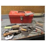 red kennedy toolbox w/mason tools,items