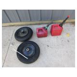 2 wheelbarrow tires & 2 gas cans