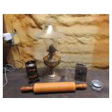 oil lamp,coke match holder,rolling pin,items