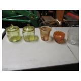 2 yellow depression jars,ice buckets,carnival dish