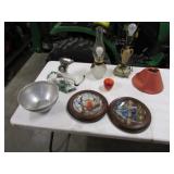 old lamp,bird collector plates,alum. bowl,items