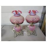 2 cranberry hobnail lamps